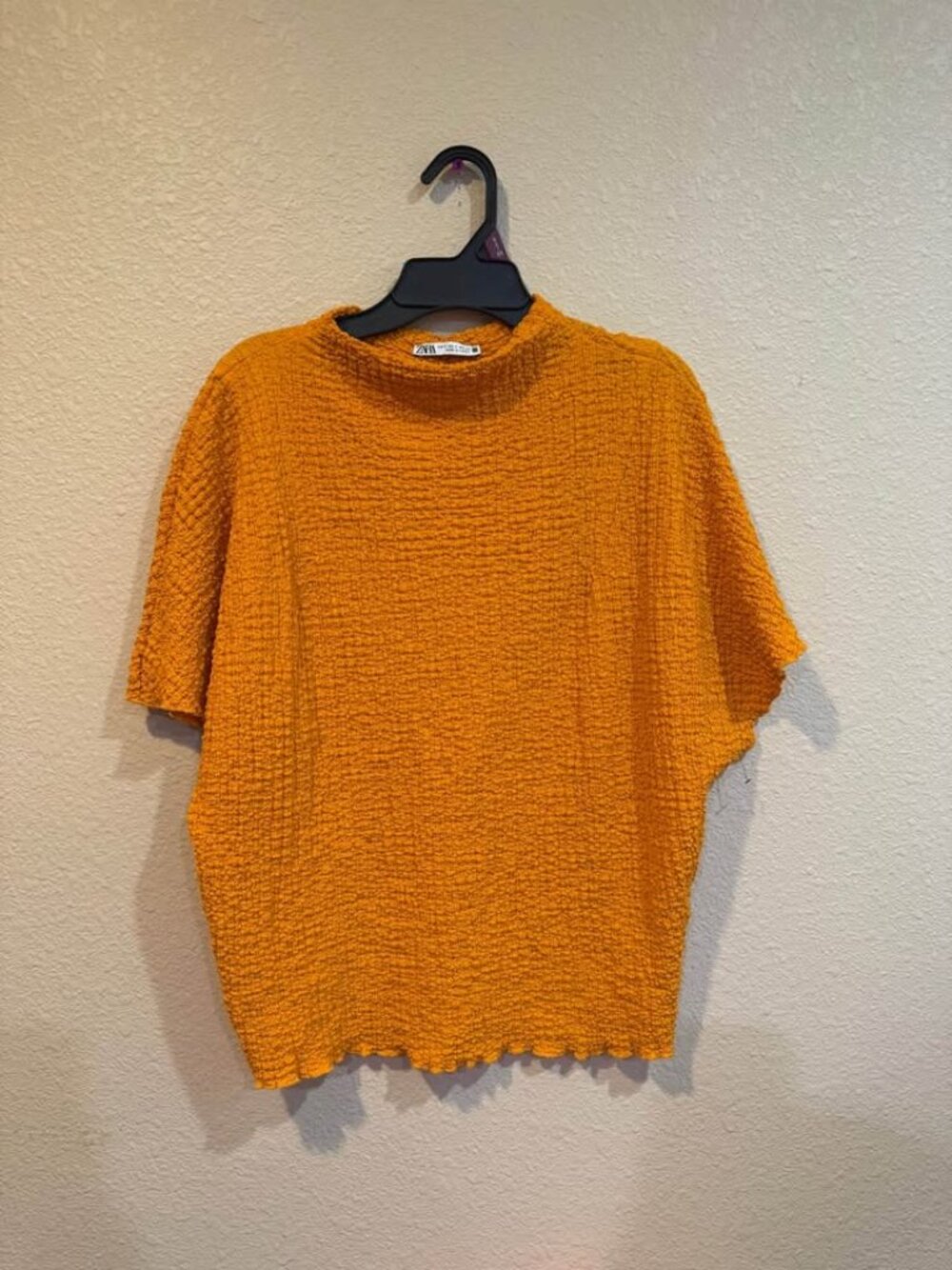 Zara Orange Textured Short Sleeve Mock Neck Top Size S